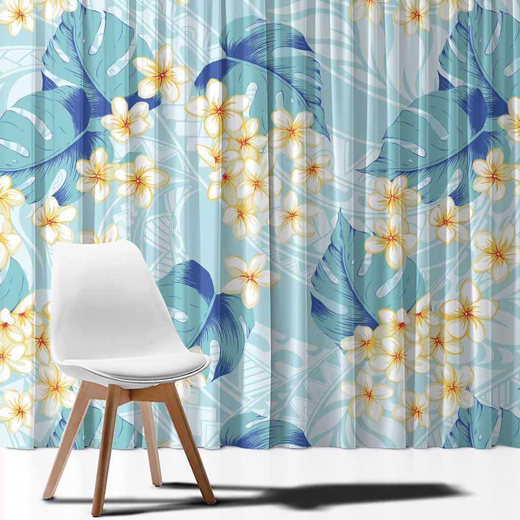 Pastel Cyan Tropical Hawaii Window Curtain Seamless Monstera Plumeria Hawaiian Pattern - Polynesian Pride