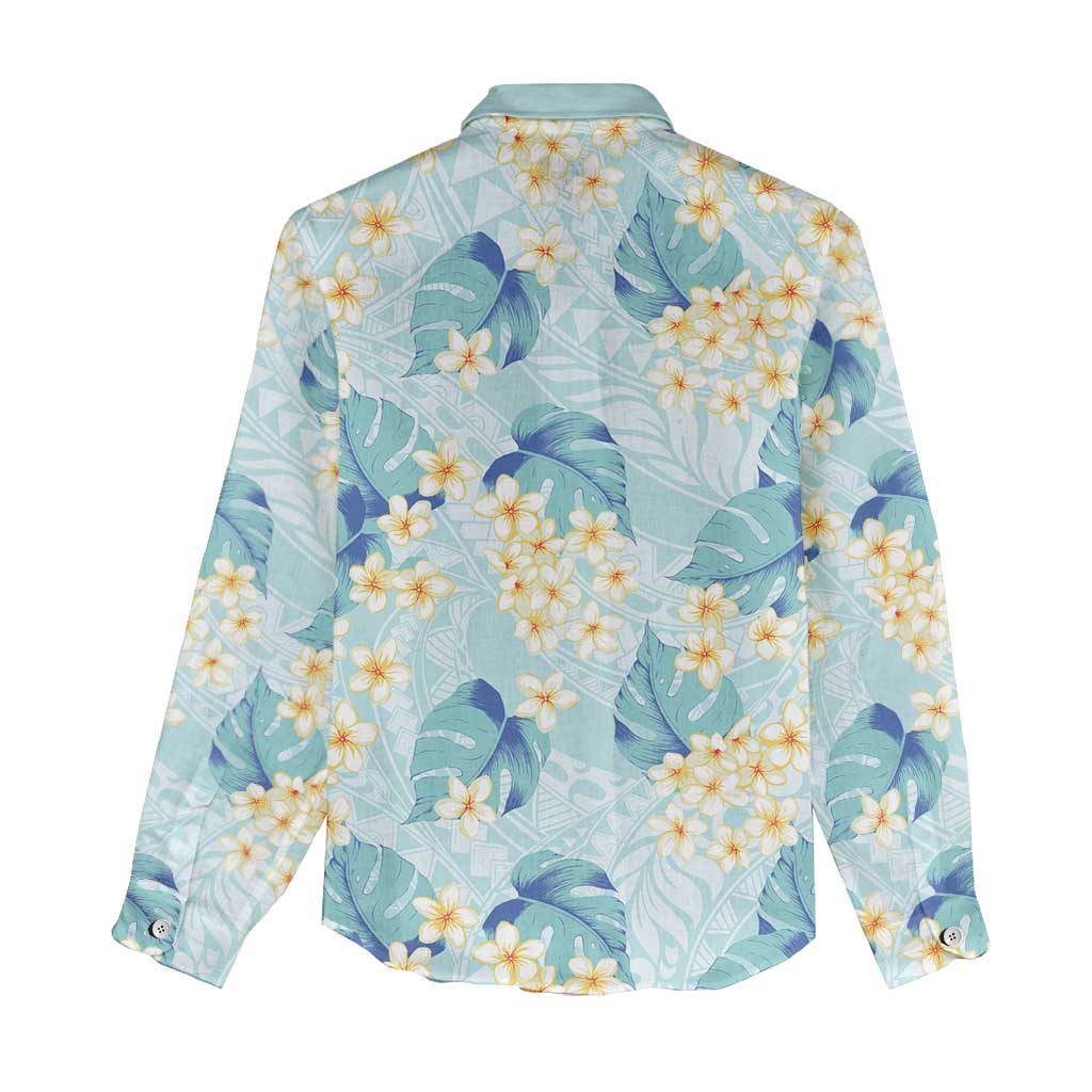Pastel Cyan Tropical Hawaii Women Casual Shirt Seamless Monstera Plumeria Hawaiian Pattern - Polynesian Pride