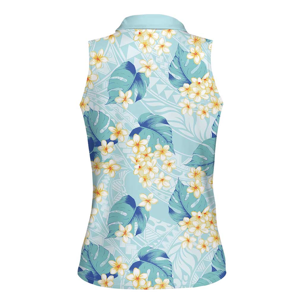 Pastel Cyan Tropical Hawaii Women Sleeveless Polo Shirt Seamless Monstera Plumeria Hawaiian Pattern - Polynesian Pride