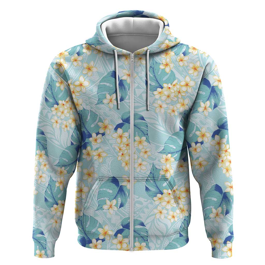 Pastel Cyan Tropical Hawaii Zip Hoodie Seamless Monstera Plumeria Hawaiian Pattern - Polynesian Pride