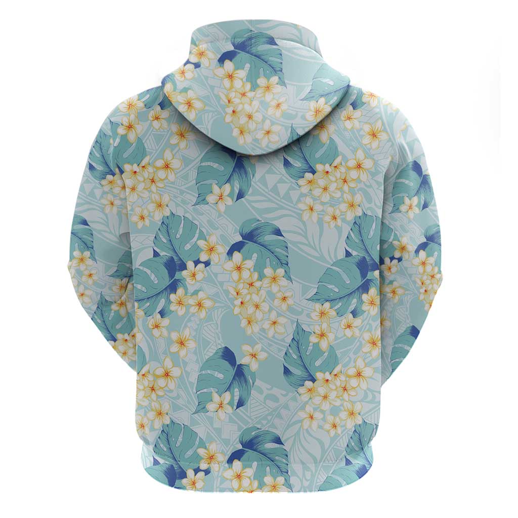 Pastel Cyan Tropical Hawaii Zip Hoodie Seamless Monstera Plumeria Hawaiian Pattern - Polynesian Pride