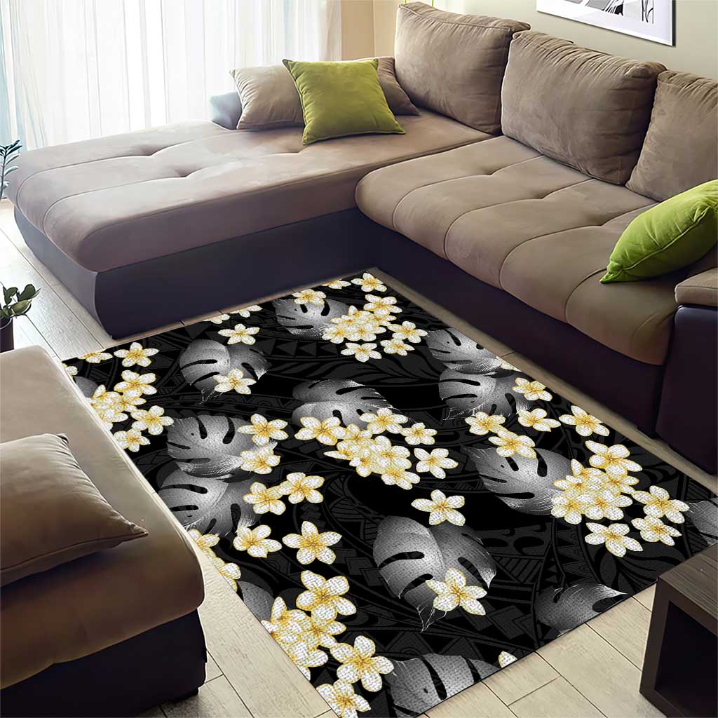 Black Tropical Hawaii Area Rug Seamless Monstera Plumeria Hawaiian Pattern - Polynesian Pride