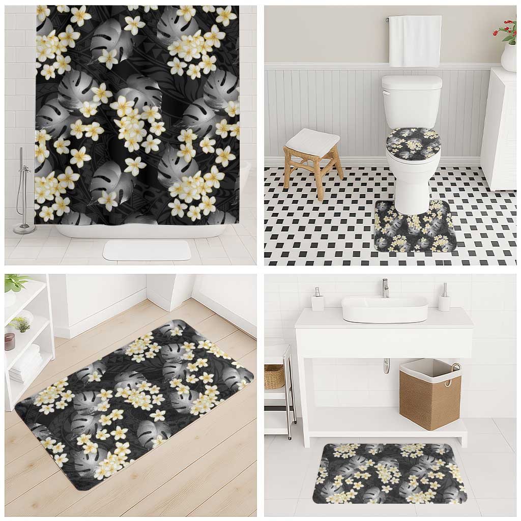 Black Tropical Hawaii Bathroom Set Seamless Monstera Plumeria Hawaiian Pattern - Polynesian Pride