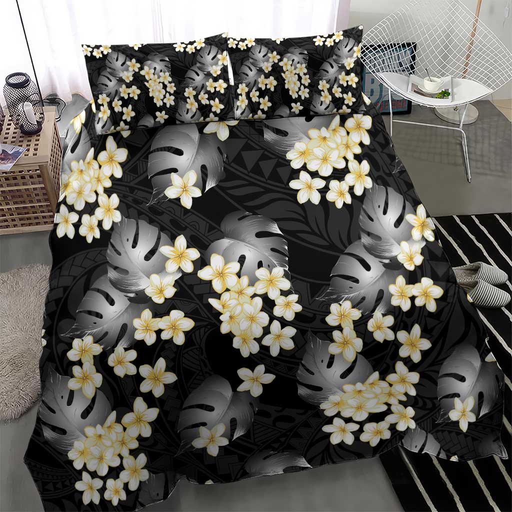 Black Tropical Hawaii Bedding Set Seamless Monstera Plumeria Hawaiian Pattern - Polynesian Pride