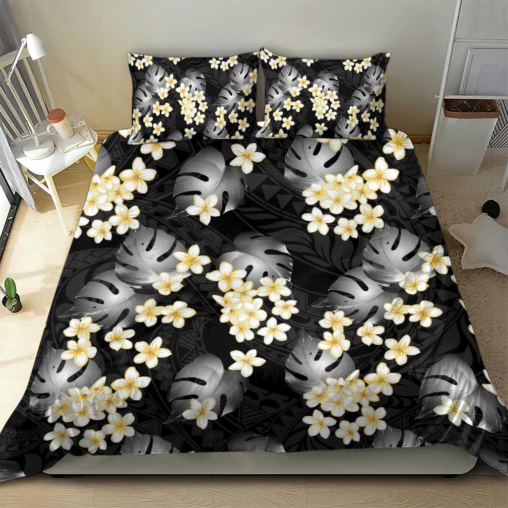 Black Tropical Hawaii Bedding Set Seamless Monstera Plumeria Hawaiian Pattern - Polynesian Pride