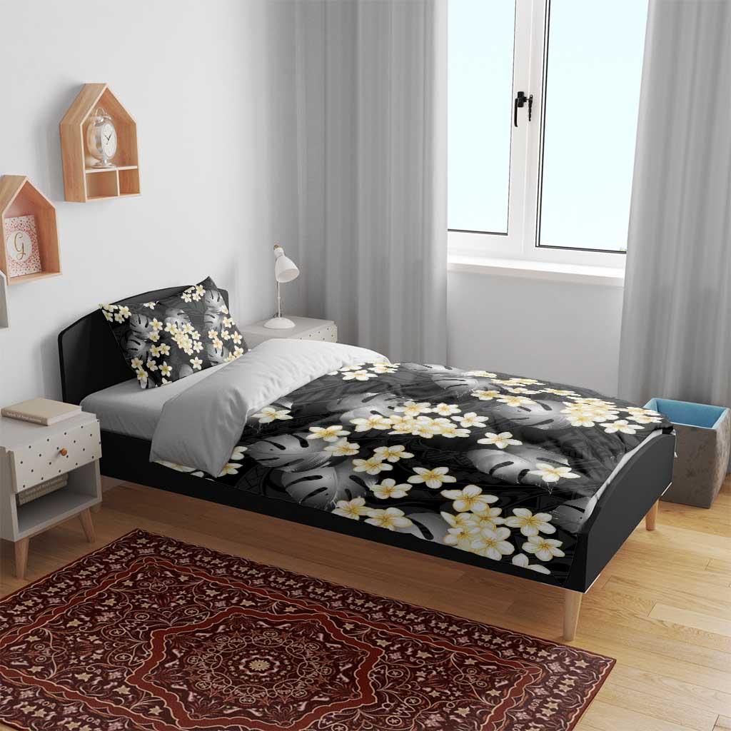 Black Tropical Hawaii Bedding Set Seamless Monstera Plumeria Hawaiian Pattern - Polynesian Pride