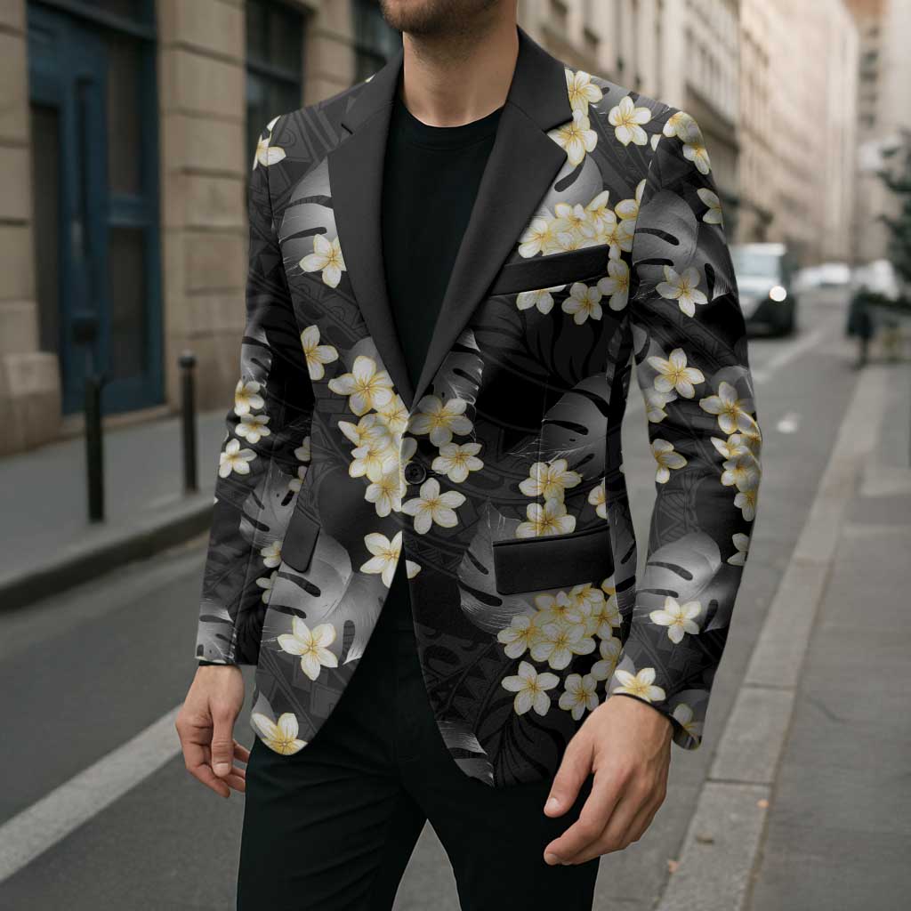 Black Tropical Hawaii Blazer Seamless Monstera Plumeria Hawaiian Pattern - Polynesian Pride