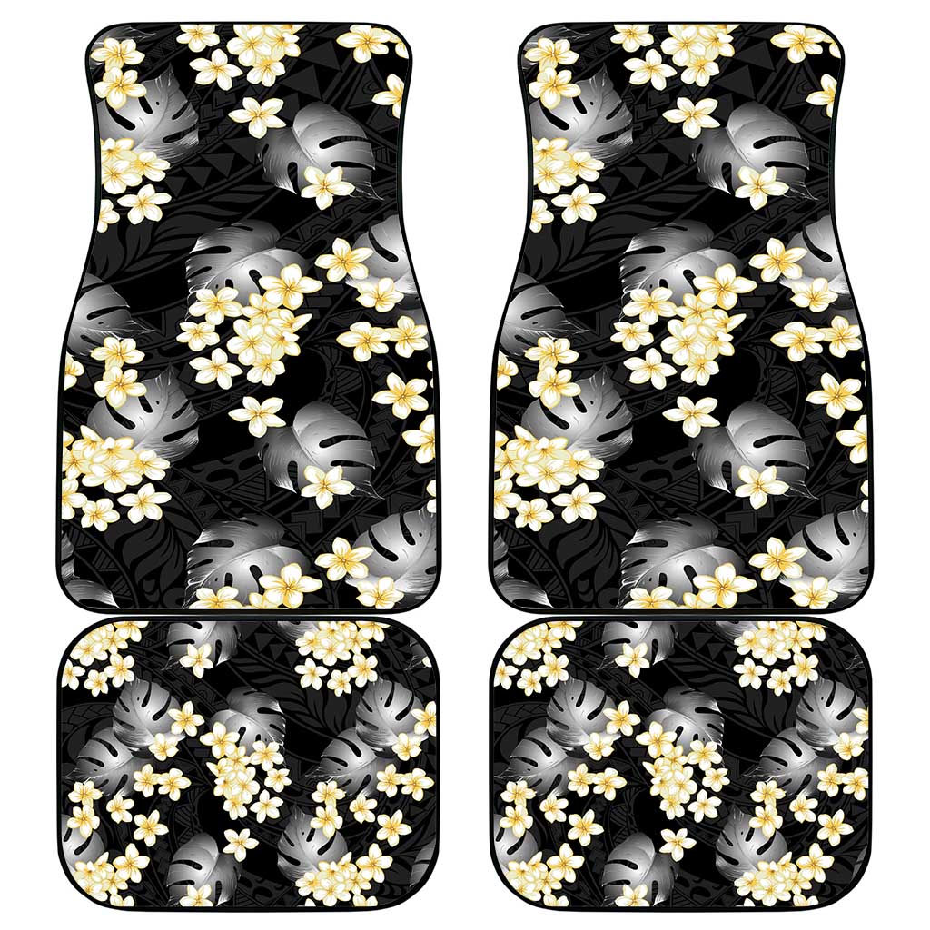 Black Tropical Hawaii Car Mats Seamless Monstera Plumeria Hawaiian Pattern - Polynesian Pride