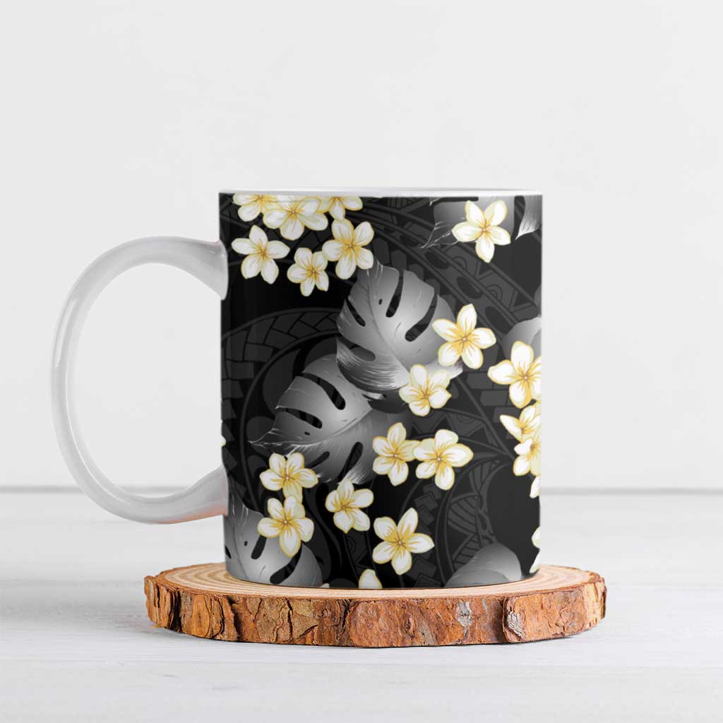 Black Tropical Hawaii Ceramic Mug Seamless Monstera Plumeria Hawaiian Pattern - Polynesian Pride