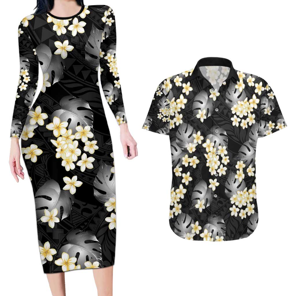 Black Tropical Hawaii Couples Matching Long Sleeve Bodycon Dress and Hawaiian Shirt Seamless Monstera Plumeria Hawaiian Pattern - Polynesian Pride
