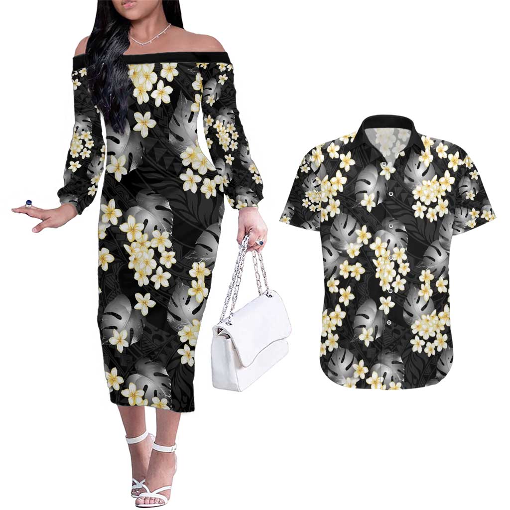 Black Tropical Hawaii Couples Matching Off The Shoulder Long Sleeve Dress and Hawaiian Shirt Seamless Monstera Plumeria Hawaiian Pattern - Polynesian Pride