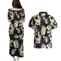Black Tropical Hawaii Couples Matching Puletasi and Hawaiian Shirt Seamless Monstera Plumeria Hawaiian Pattern - Polynesian Pride