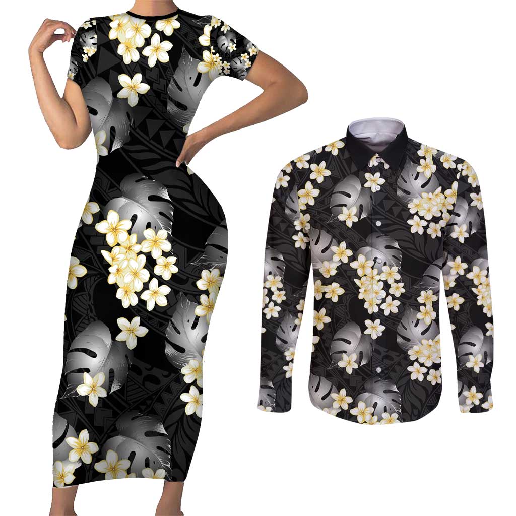 Black Tropical Hawaii Couples Matching Short Sleeve Bodycon Dress and Long Sleeve Button Shirt Seamless Monstera Plumeria Hawaiian Pattern - Polynesian Pride