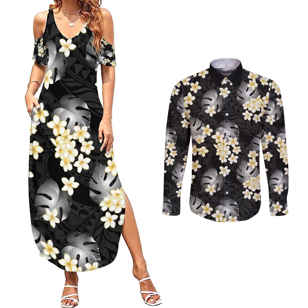Black Tropical Hawaii Couples Matching Summer Maxi Dress and Long Sleeve Button Shirt Seamless Monstera Plumeria Hawaiian Pattern - Polynesian Pride