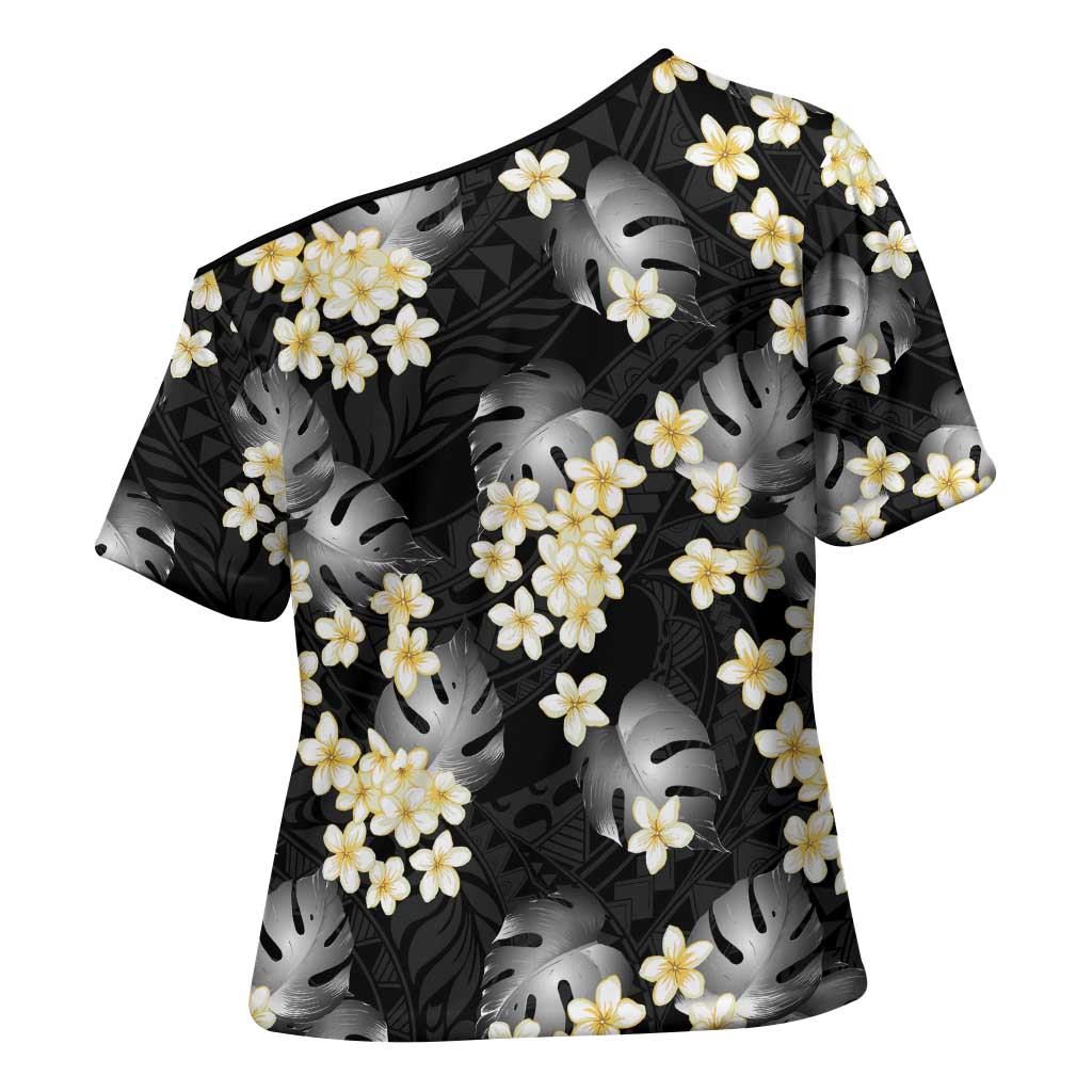 Black Tropical Hawaii Cross Shoulder Shirt Seamless Monstera Plumeria Hawaiian Pattern - Polynesian Pride