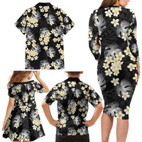 Black Tropical Hawaii Family Matching Long Sleeve Bodycon Dress and Hawaiian Shirt Seamless Monstera Plumeria Hawaiian Pattern - Polynesian Pride