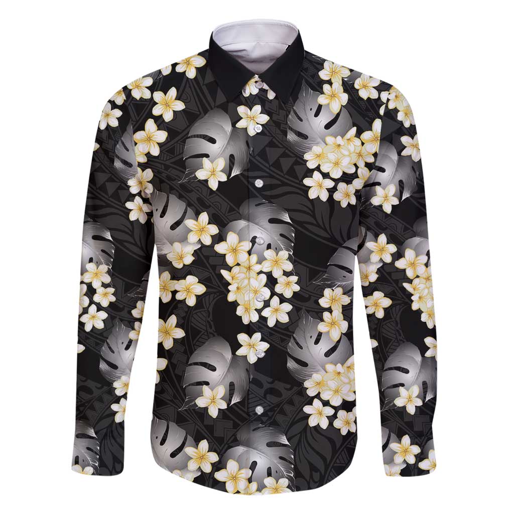 Black Tropical Hawaii Family Matching Long Sleeve Bodycon Dress and Hawaiian Shirt Seamless Monstera Plumeria Hawaiian Pattern - Polynesian Pride