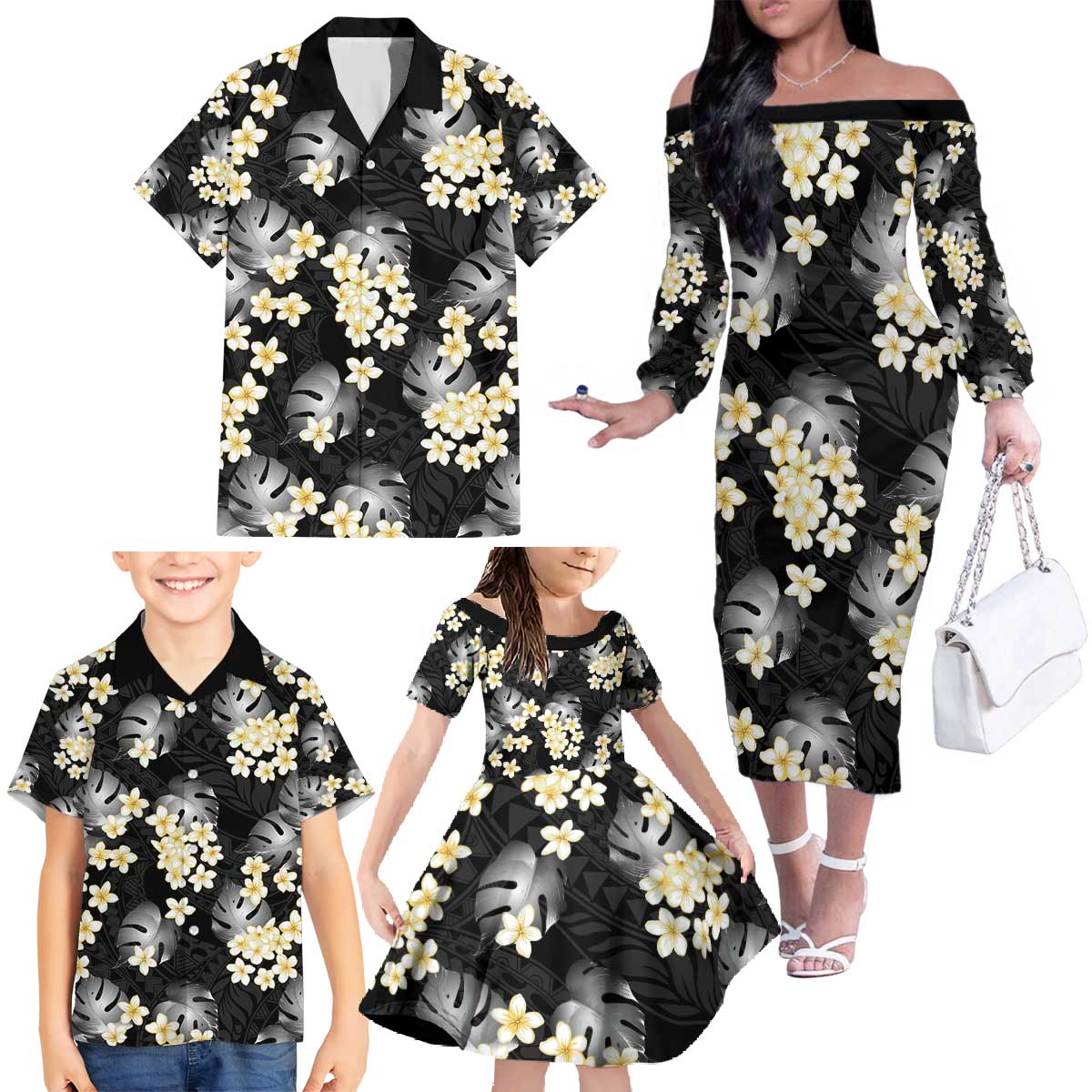 Black Tropical Hawaii Family Matching Off The Shoulder Long Sleeve Dress and Hawaiian Shirt Seamless Monstera Plumeria Hawaiian Pattern - Polynesian Pride