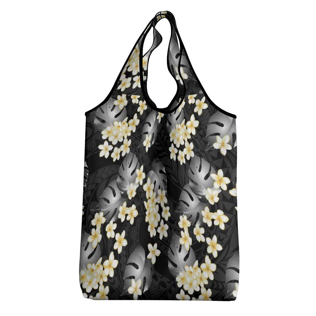 Black Tropical Hawaii Grocery Bag Seamless Monstera Plumeria Hawaiian Pattern - Polynesian Pride