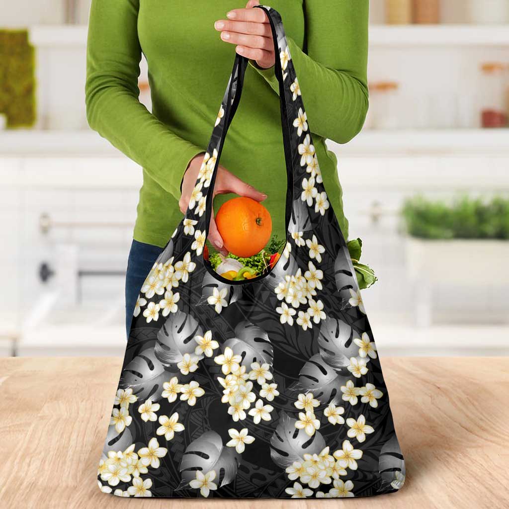 Black Tropical Hawaii Grocery Bag Seamless Monstera Plumeria Hawaiian Pattern - Polynesian Pride