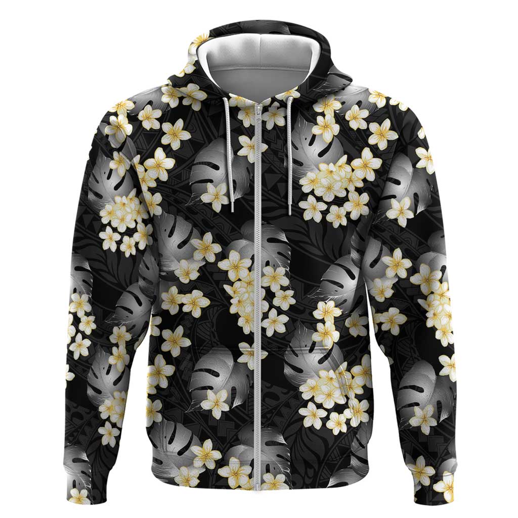 Black Tropical Hawaii Hoodie Seamless Monstera Plumeria Hawaiian Pattern - Polynesian Pride