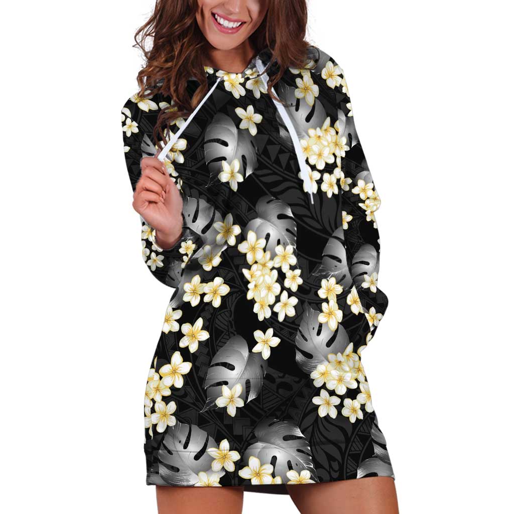 Black Tropical Hawaii Hoodie Dress Seamless Monstera Plumeria Hawaiian Pattern - Polynesian Pride