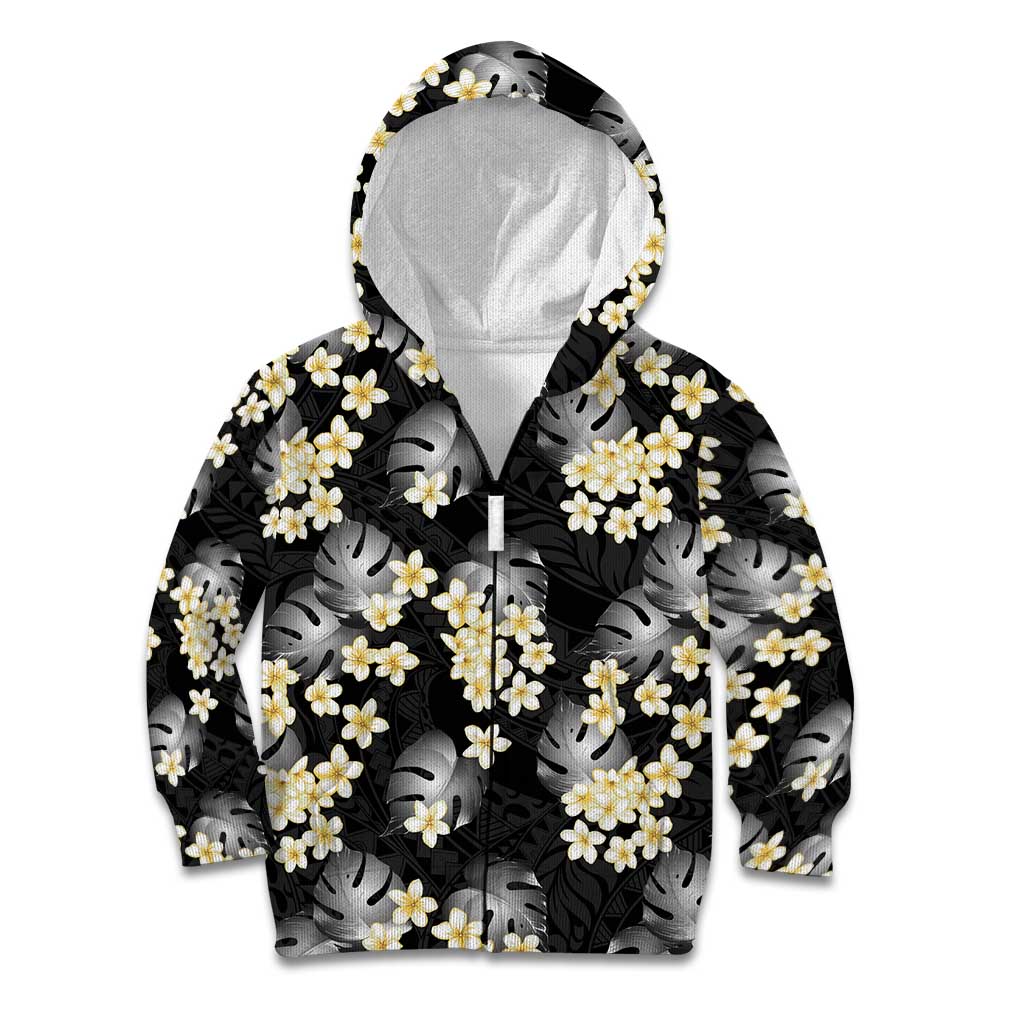 Black Tropical Hawaii Kid Hoodie Seamless Monstera Plumeria Hawaiian Pattern LT14 Zip Hoodie Black - Polynesian Pride