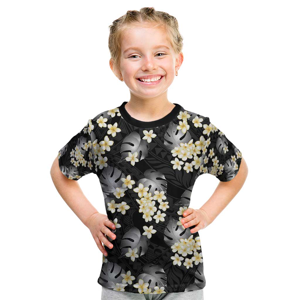 Black Tropical Hawaii Kid T Shirt Seamless Monstera Plumeria Hawaiian Pattern - Polynesian Pride