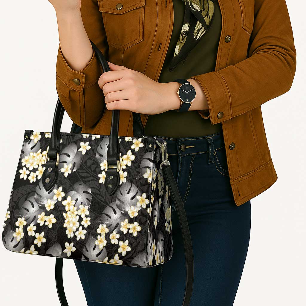 Black Tropical Hawaii Leather Bag Seamless Monstera Plumeria Hawaiian Pattern - Polynesian Pride