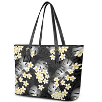 Black Tropical Hawaii Leather Tote Bag Seamless Monstera Plumeria Hawaiian Pattern - Polynesian Pride