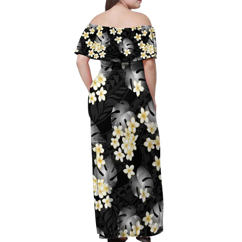 Black Tropical Hawaii Off Shoulder Maxi Dress Seamless Monstera Plumeria Hawaiian Pattern - Polynesian Pride