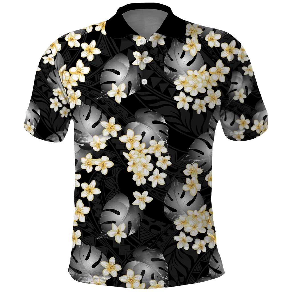 Black Tropical Hawaii Polo Shirt Seamless Monstera Plumeria Hawaiian Pattern - Polynesian Pride