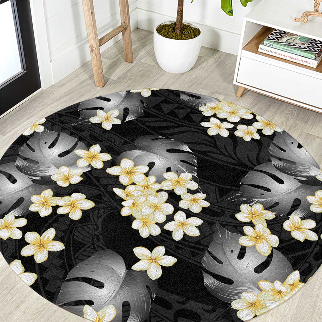 Black Tropical Hawaii Round Carpet Seamless Monstera Plumeria Hawaiian Pattern - Polynesian Pride