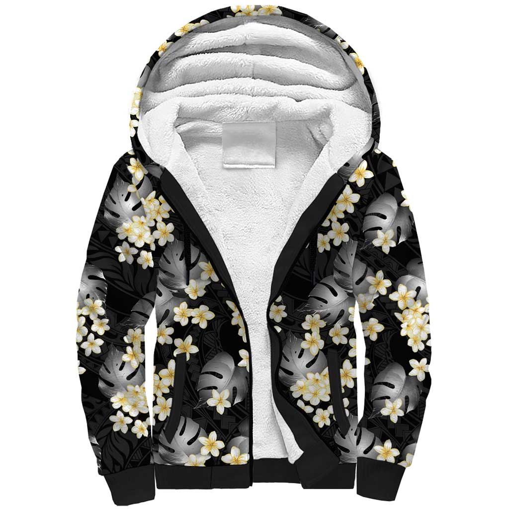 Black Tropical Hawaii Sherpa Hoodie Seamless Monstera Plumeria Hawaiian Pattern - Polynesian Pride