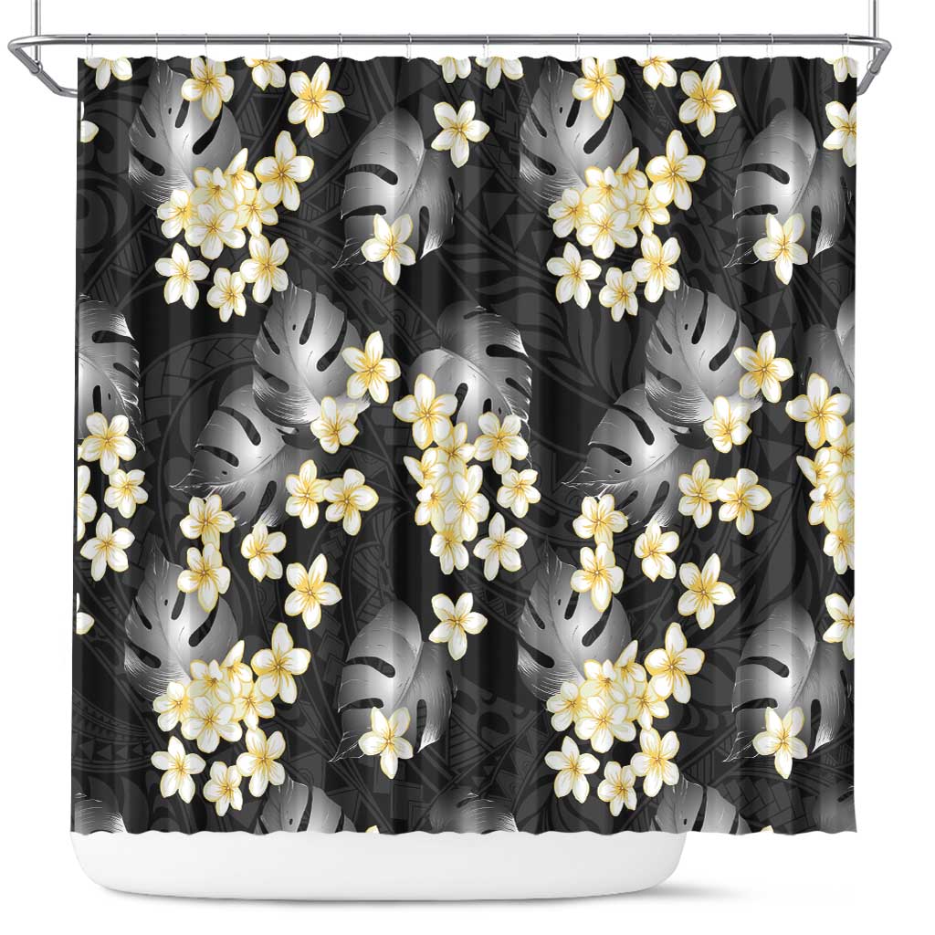 Black Tropical Hawaii Shower Curtain Seamless Monstera Plumeria Hawaiian Pattern - Polynesian Pride
