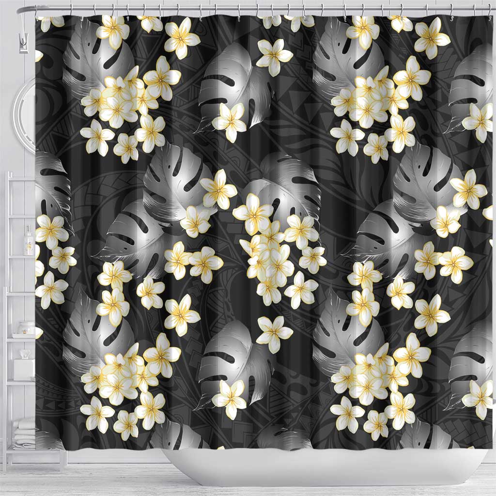 Black Tropical Hawaii Shower Curtain Seamless Monstera Plumeria Hawaiian Pattern - Polynesian Pride