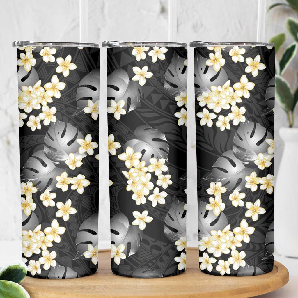 Black Tropical Hawaii Skinny Tumbler Seamless Monstera Plumeria Hawaiian Pattern - Polynesian Pride