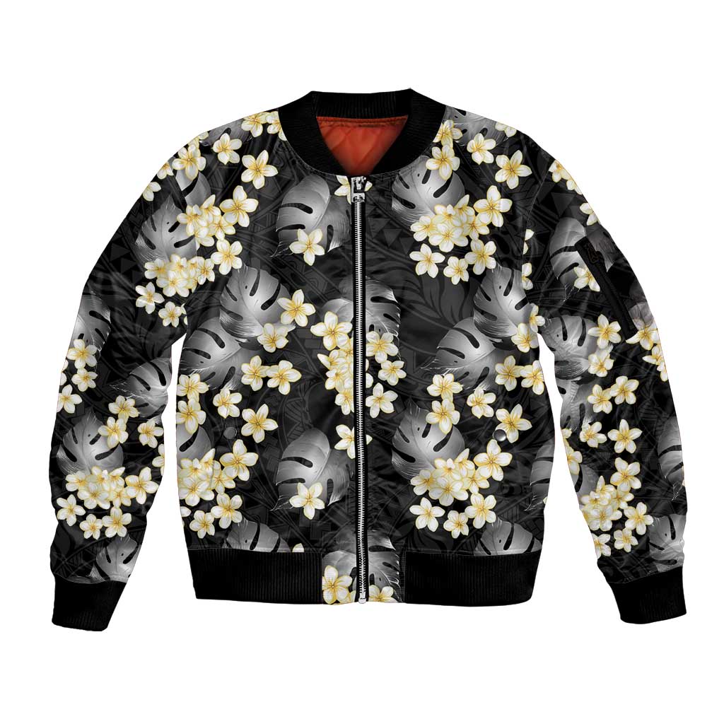 Black Tropical Hawaii Sleeve Zip Bomber Jacket Seamless Monstera Plumeria Hawaiian Pattern - Polynesian Pride