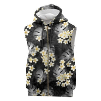 Black Tropical Hawaii Sleeveless Zip Hoodie Seamless Monstera Plumeria Hawaiian Pattern - Polynesian Pride