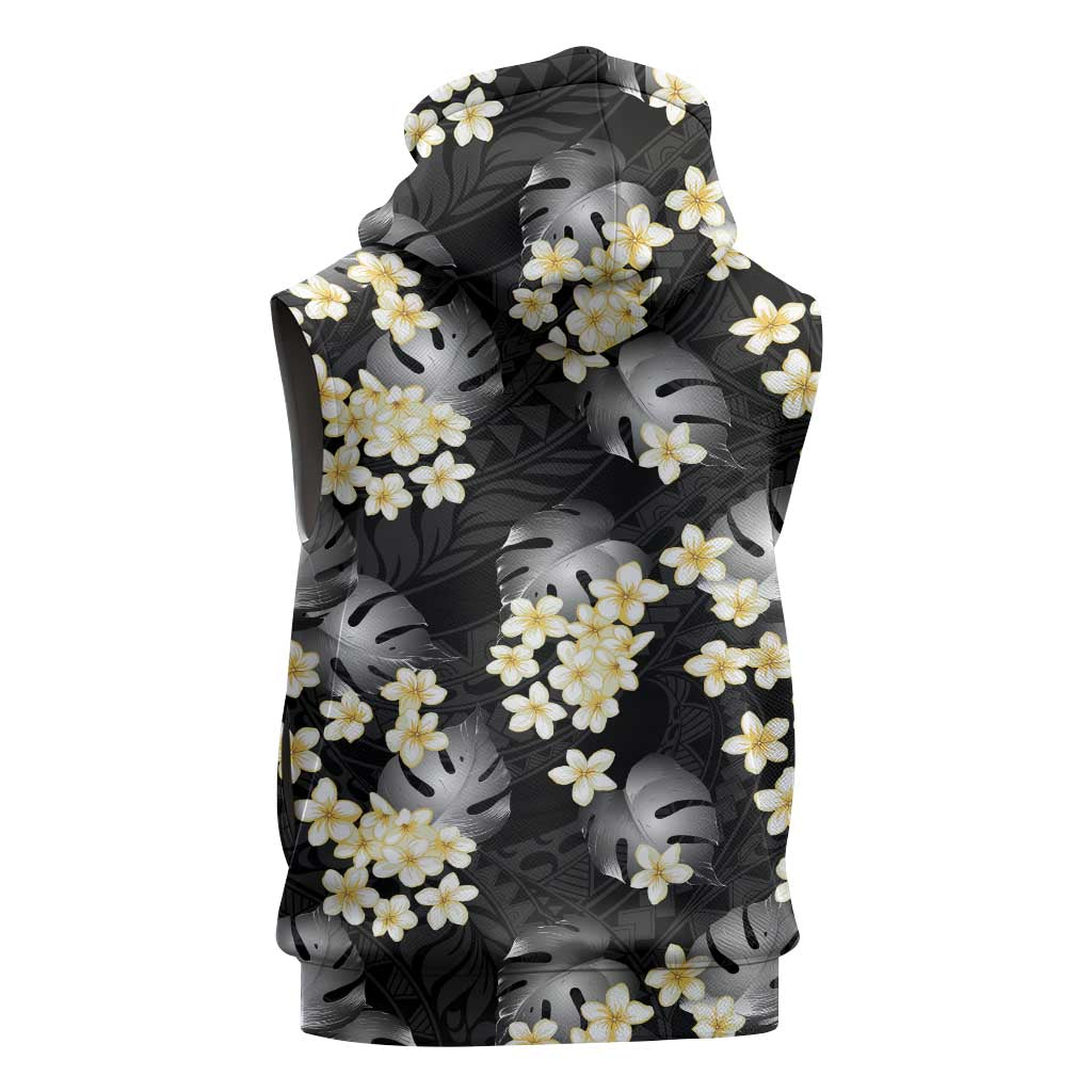 Black Tropical Hawaii Sleeveless Zip Hoodie Seamless Monstera Plumeria Hawaiian Pattern - Polynesian Pride