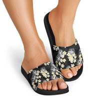 Black Tropical Hawaii Slide Sandals Seamless Monstera Plumeria Hawaiian Pattern - Polynesian Pride