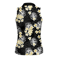 Black Tropical Hawaii Women Sleeveless Polo Shirt Seamless Monstera Plumeria Hawaiian Pattern - Polynesian Pride