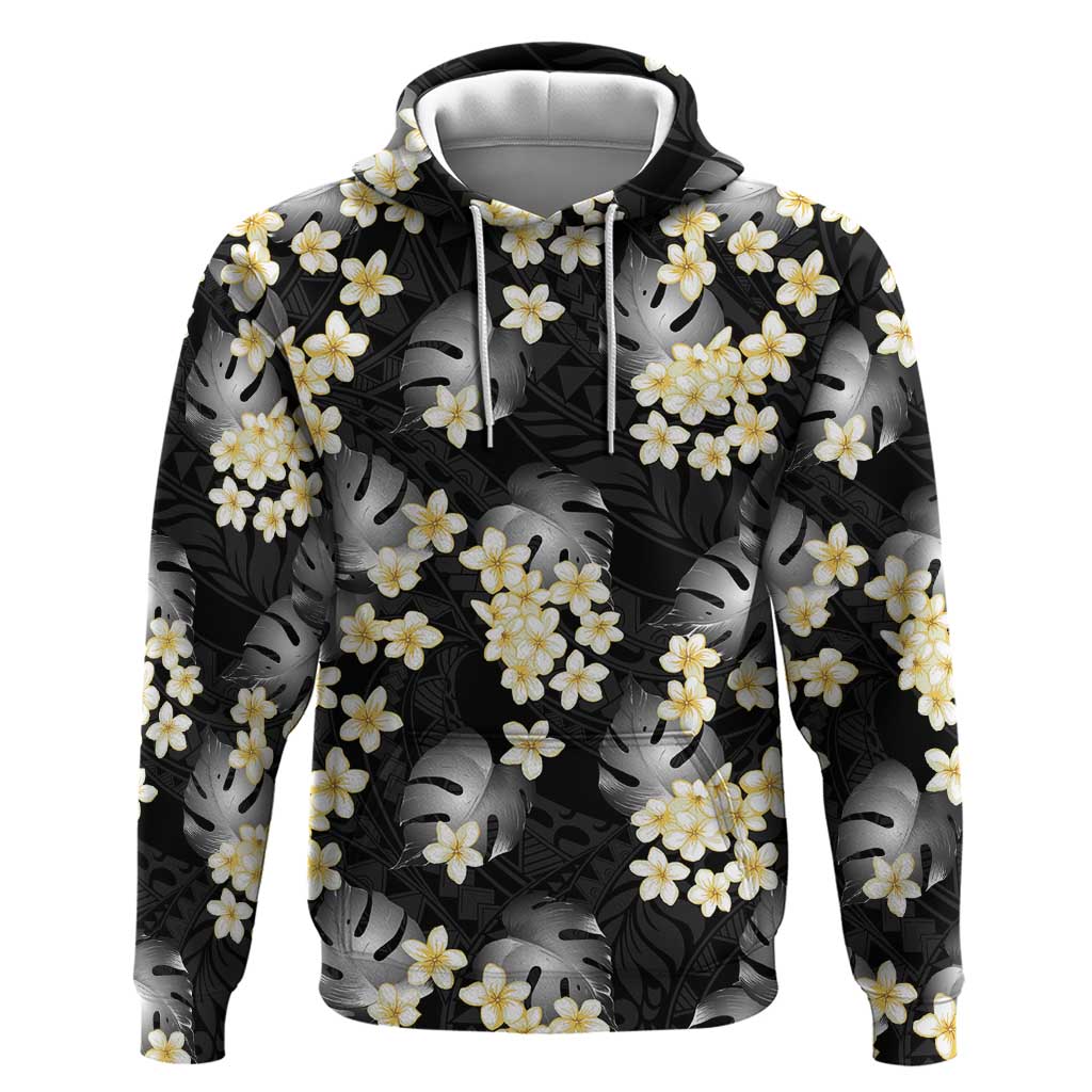 Black Tropical Hawaii Zip Hoodie Seamless Monstera Plumeria Hawaiian Pattern - Polynesian Pride
