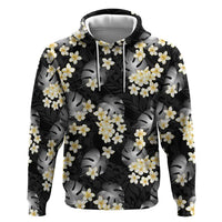 Black Tropical Hawaii Zip Hoodie Seamless Monstera Plumeria Hawaiian Pattern - Polynesian Pride