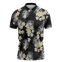 Black Tropical Hawaii Zipper Polo Shirt Seamless Monstera Plumeria Hawaiian Pattern - Polynesian Pride