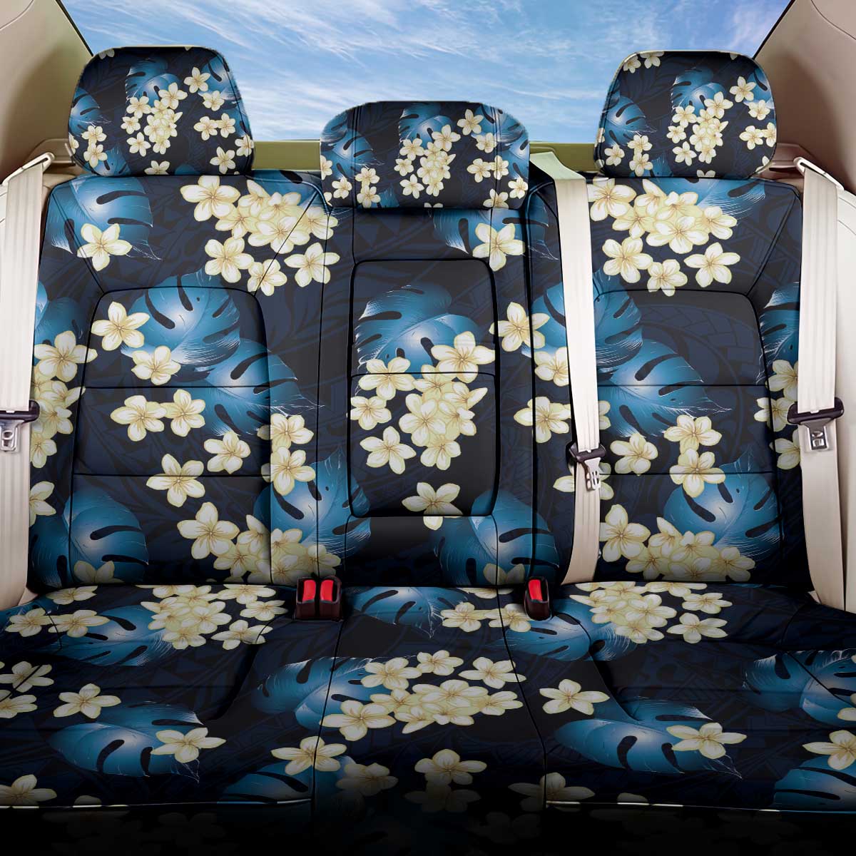 Blue Tropical Hawaii Back Car Seat Cover Seamless Monstera Plumeria Hawaiian Pattern - Polynesian Pride