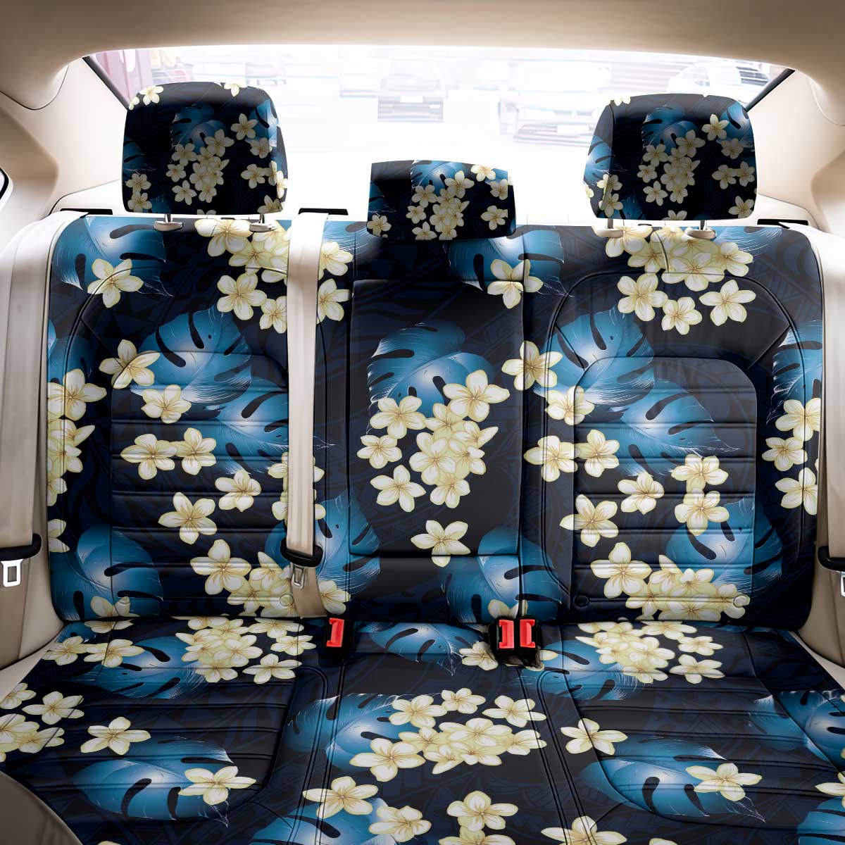 Blue Tropical Hawaii Back Car Seat Cover Seamless Monstera Plumeria Hawaiian Pattern - Polynesian Pride