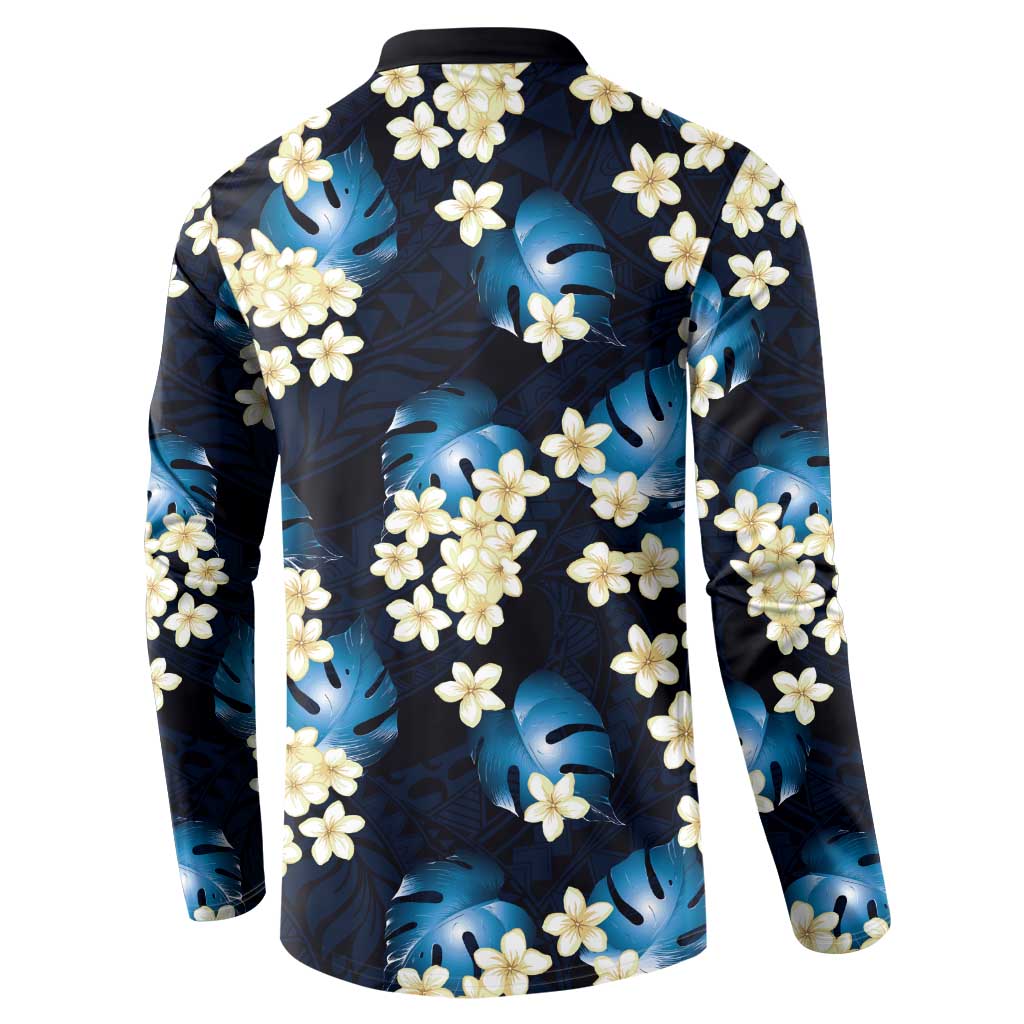 Blue Tropical Hawaii Button Sweatshirt Seamless Monstera Plumeria Hawaiian Pattern - Polynesian Pride
