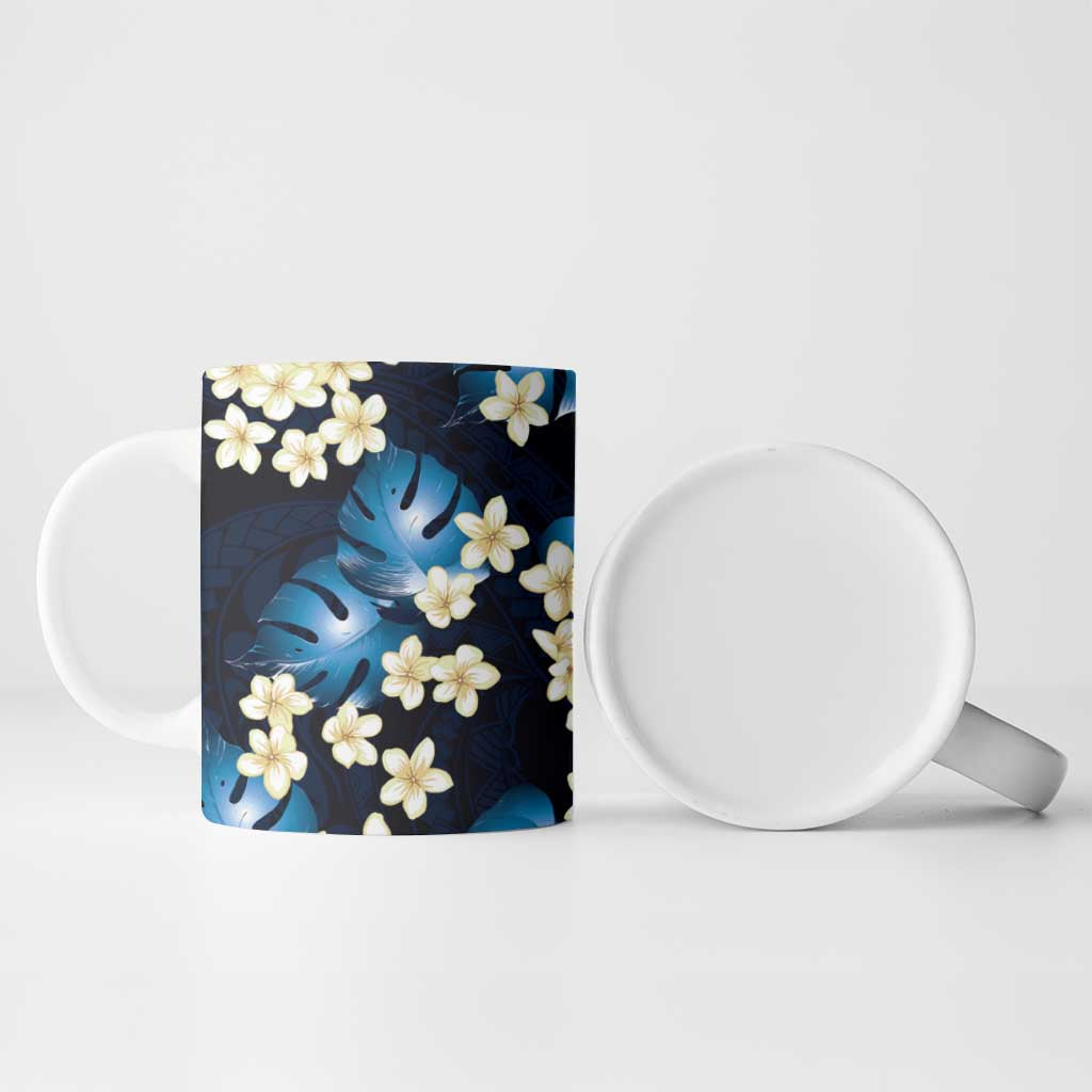 Blue Tropical Hawaii Ceramic Mug Seamless Monstera Plumeria Hawaiian Pattern - Polynesian Pride