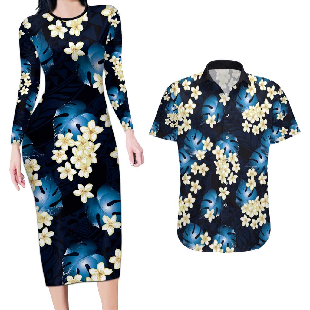 Blue Tropical Hawaii Couples Matching Long Sleeve Bodycon Dress and Hawaiian Shirt Seamless Monstera Plumeria Hawaiian Pattern - Polynesian Pride